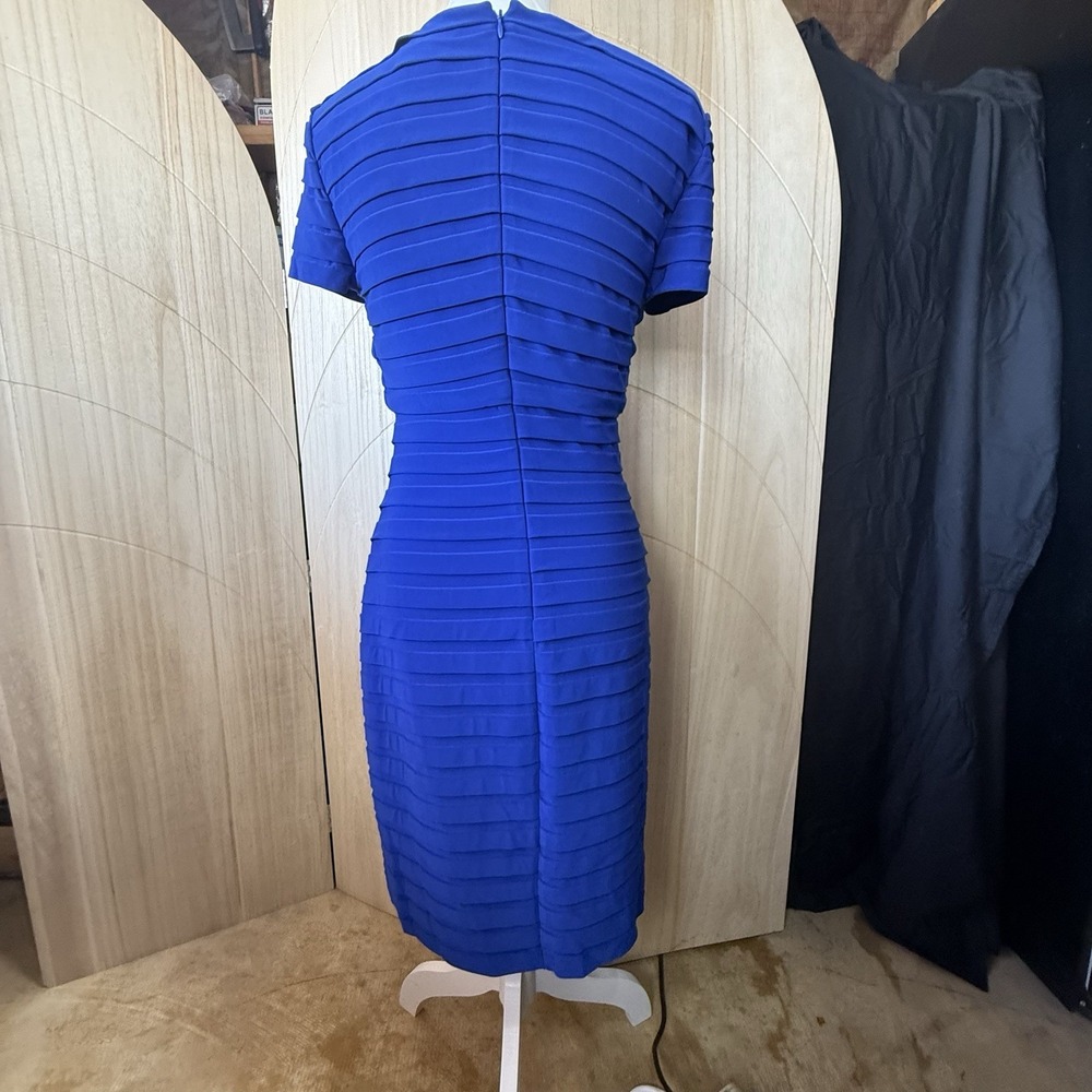 Adrianna Papell Womens 4 Blue Tiered Pleated Sheath Dress Short Sleeve Formal